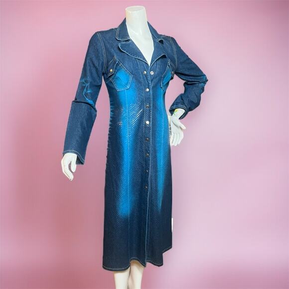 VINTAGE Deadstock 90s Baby Phat Rare Denim Trench Coat Size L Y2K Electric Blue - Picture 1 of 8